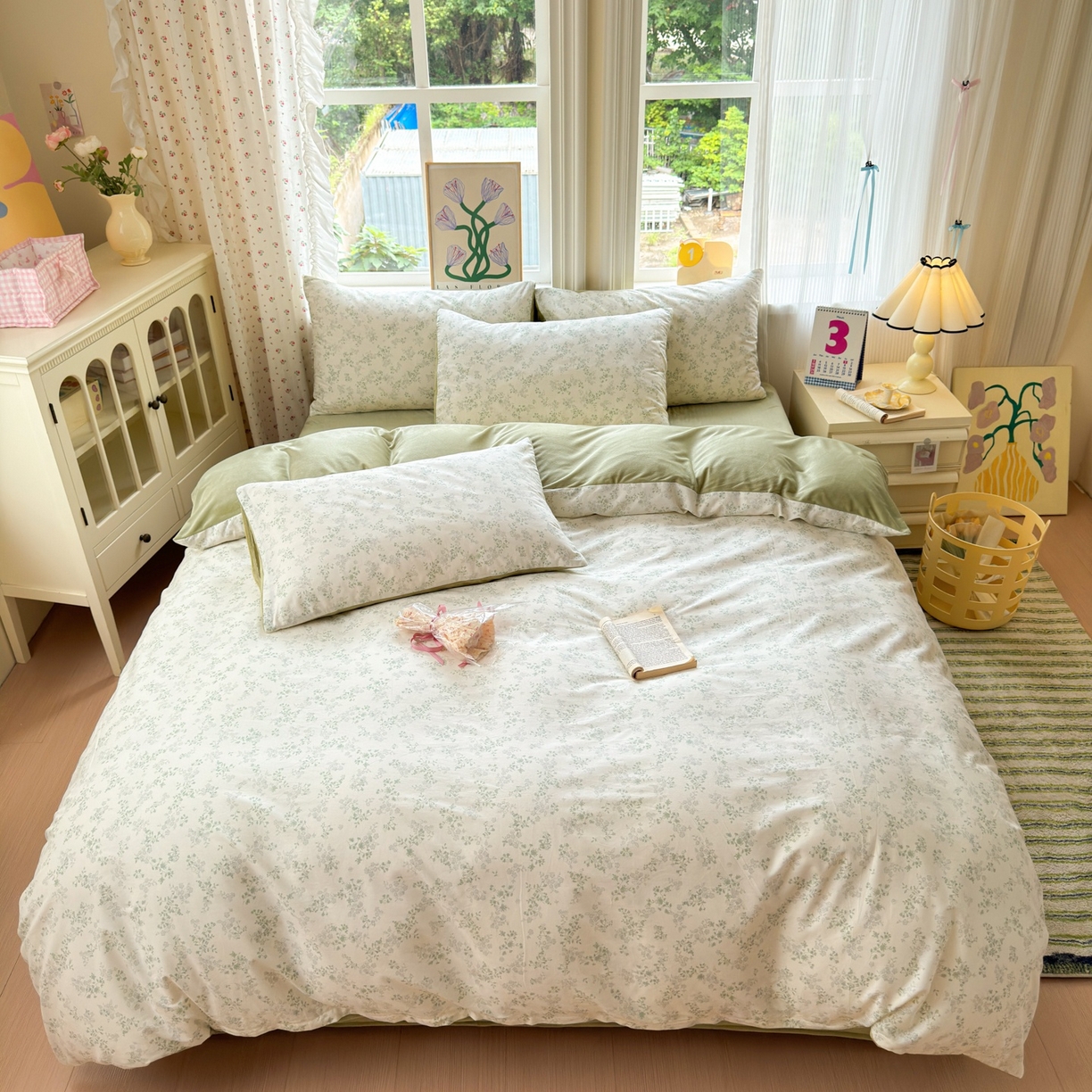 91家纺网 家纺一手货源 找家纺 清雅福 2025秋冬新品全棉印花棉加绒四件套系列 棉绒-春风里·绿