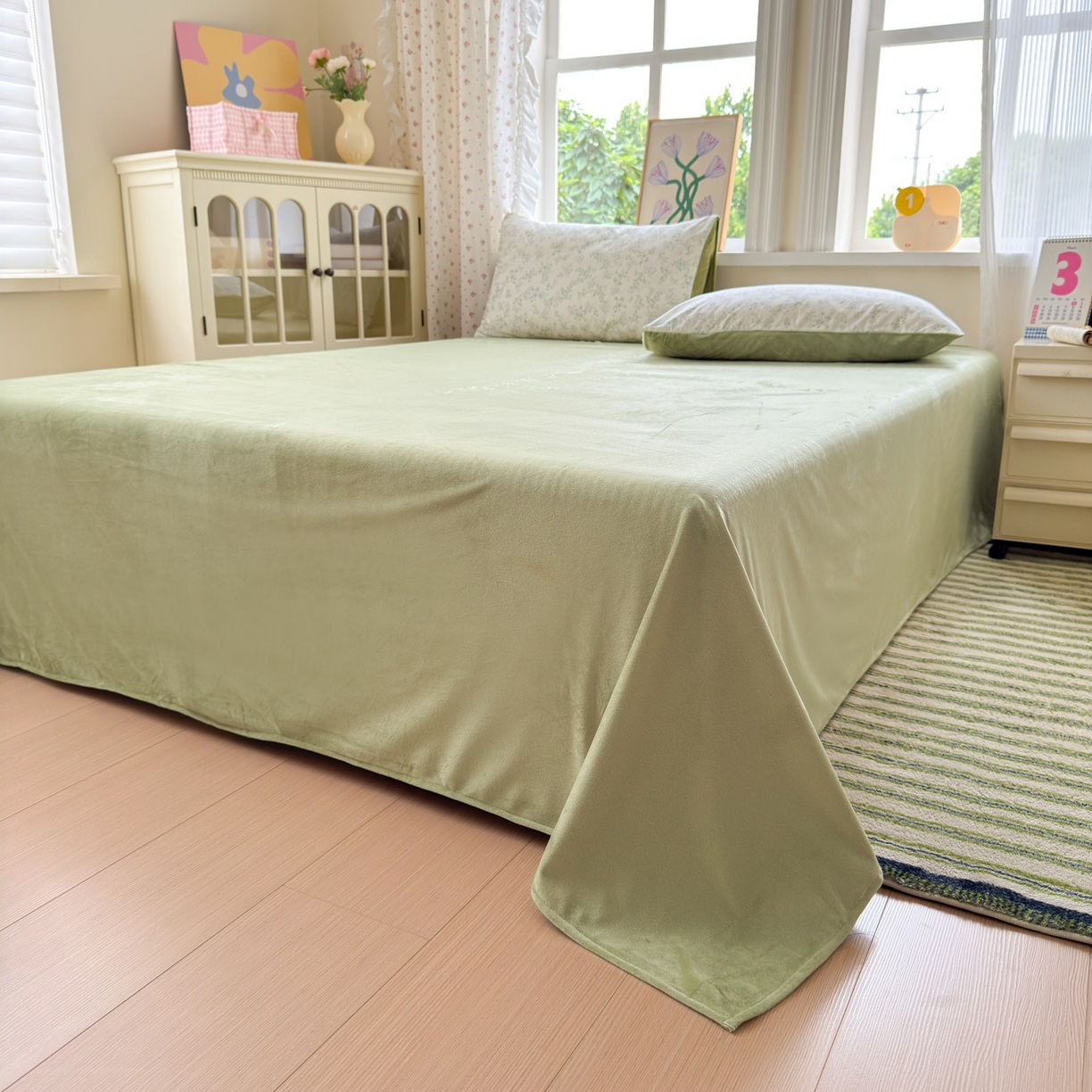 91家纺网 家纺一手货源 找家纺 清雅福 2025秋冬新品全棉印花棉加绒四件套系列 棉绒-春风里·绿