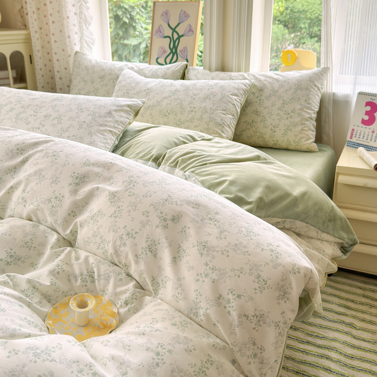 91家纺网 家纺一手货源 找家纺 清雅福 2025秋冬新品全棉印花棉加绒四件套系列 棉绒-春风里·绿