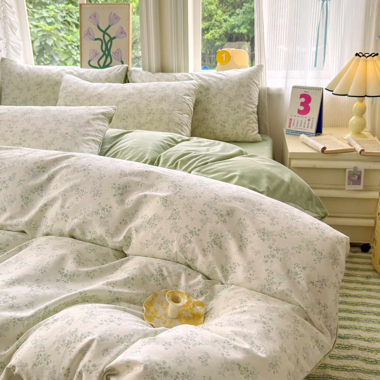 91家纺网 家纺一手货源 找家纺 清雅福 2025秋冬新品全棉印花棉加绒四件套系列 棉绒-春风里·绿