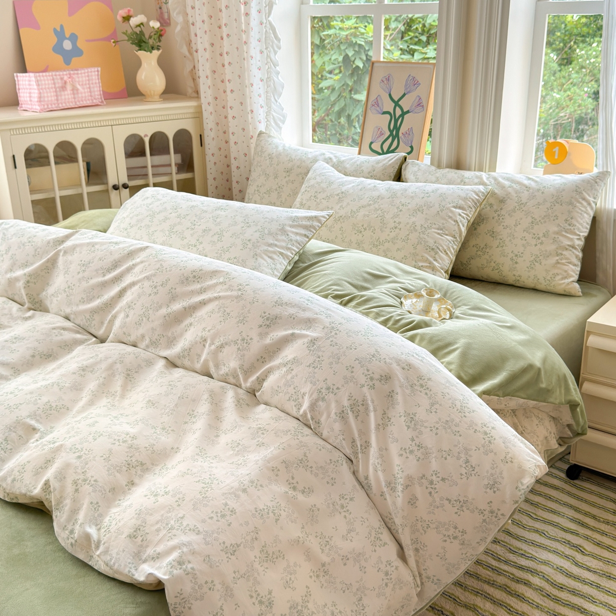 91家纺网 家纺一手货源 找家纺 清雅福 2025秋冬新品全棉印花棉加绒四件套系列 棉绒-春风里·绿