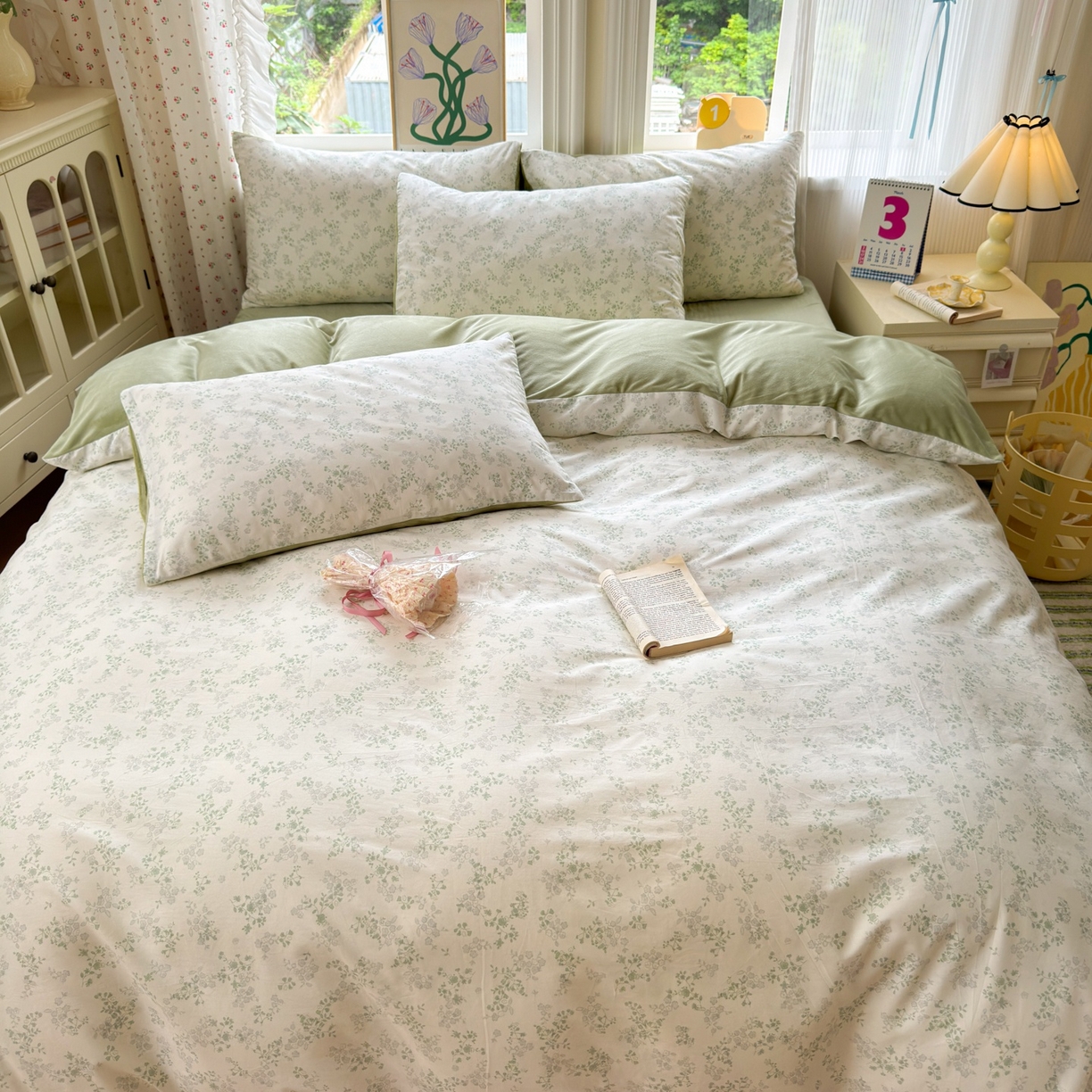 91家纺网 家纺一手货源 找家纺 清雅福 2025秋冬新品全棉印花棉加绒四件套系列 棉绒-春风里·绿