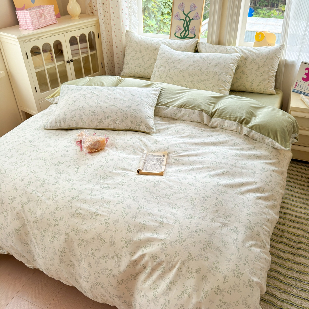 91家纺网 家纺一手货源 找家纺 清雅福 2025秋冬新品全棉印花棉加绒四件套系列 棉绒-春风里·绿