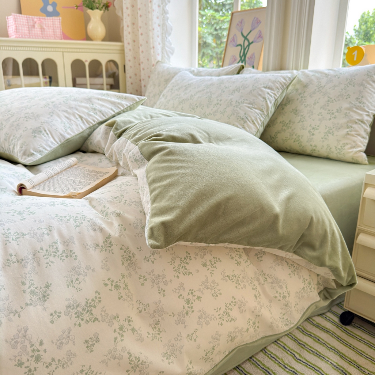 91家纺网 家纺一手货源 找家纺 清雅福 2025秋冬新品全棉印花棉加绒四件套系列 棉绒-春风里·绿