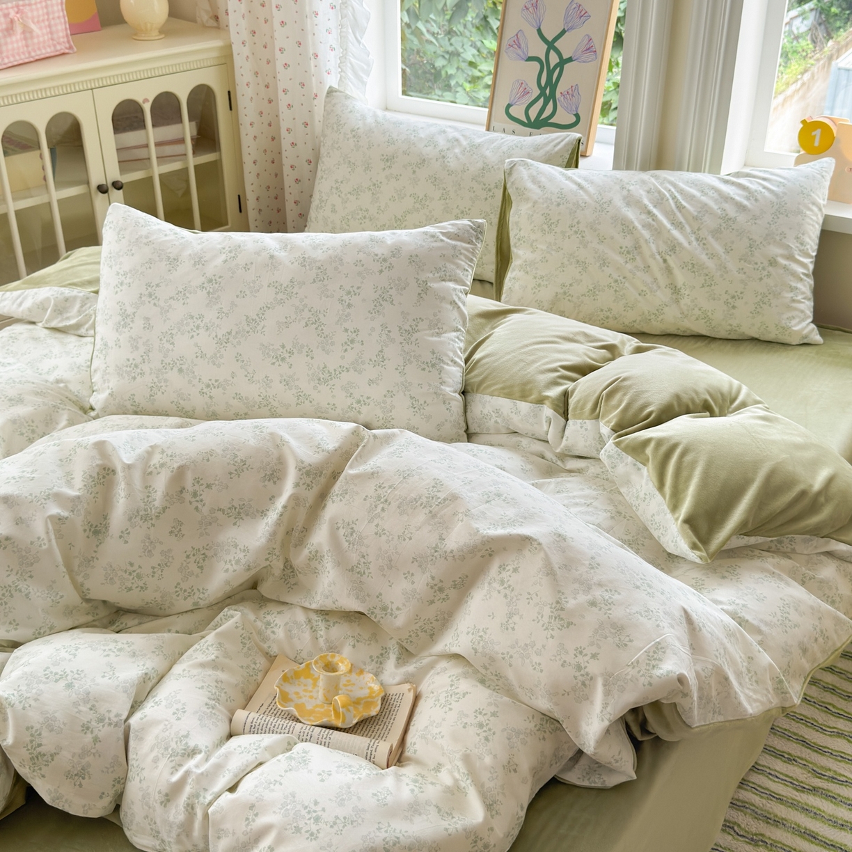 91家纺网 家纺一手货源 找家纺 清雅福 2025秋冬新品全棉印花棉加绒四件套系列 棉绒-春风里·绿