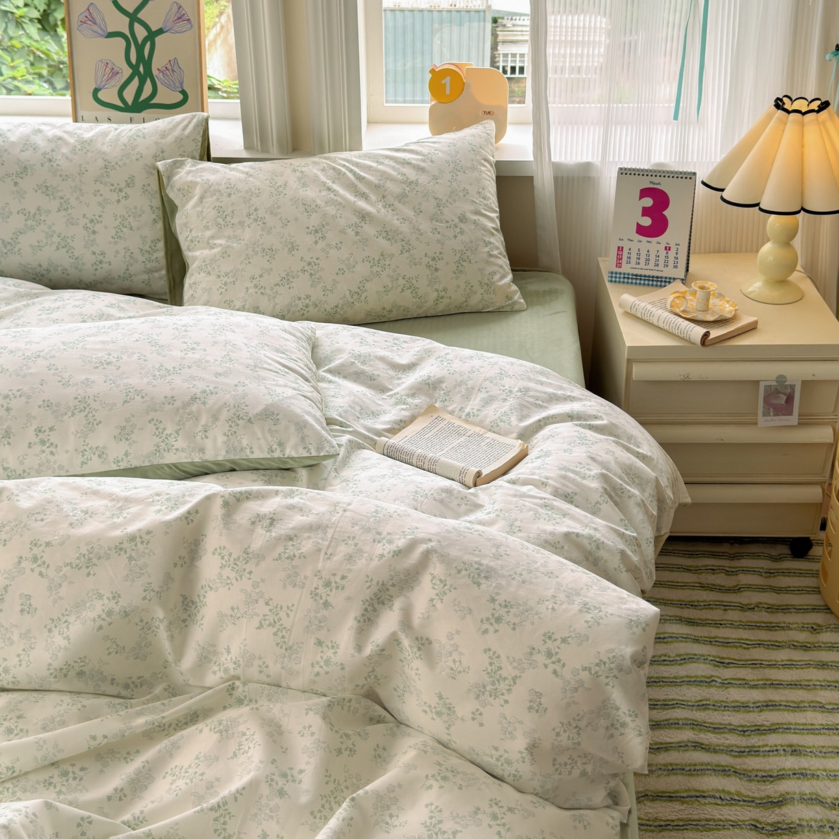 91家纺网 家纺一手货源 找家纺 清雅福 2025秋冬新品全棉印花棉加绒四件套系列 棉绒-春风里·绿