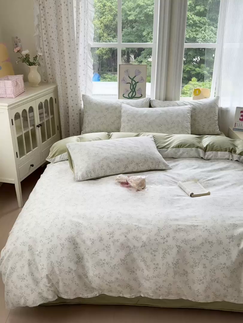 91家纺网 家纺一手货源 找家纺 清雅福 2025秋冬新品全棉印花棉加绒四件套系列 棉绒-春风里·绿