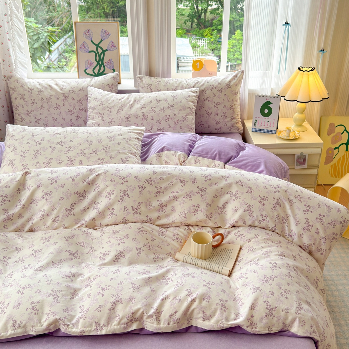 91家纺网 家纺一手货源 找家纺 清雅福 2025秋冬新品全棉印花棉加绒四件套系列 棉绒-春风里·紫