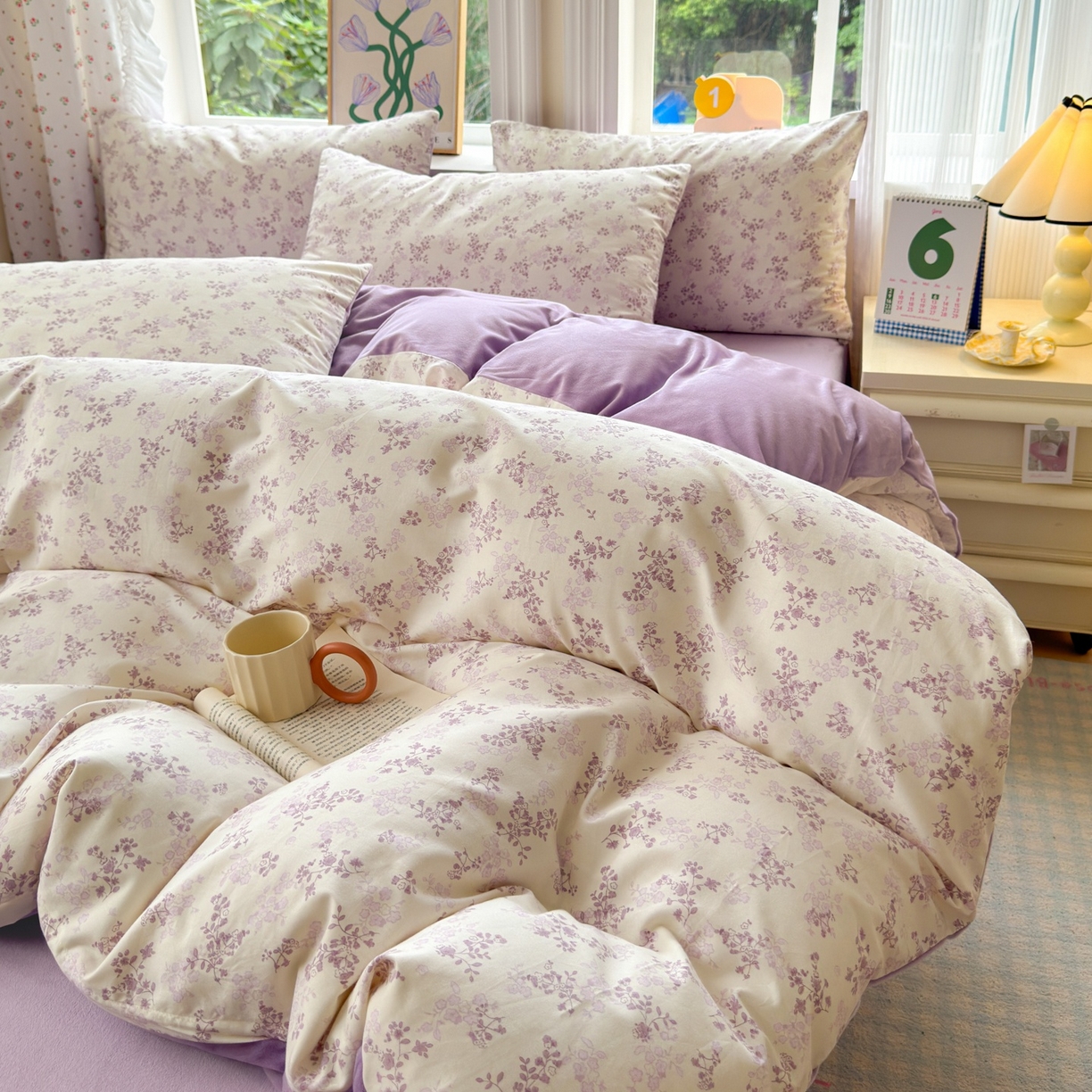 91家纺网 家纺一手货源 找家纺 清雅福 2025秋冬新品全棉印花棉加绒四件套系列 棉绒-春风里·紫