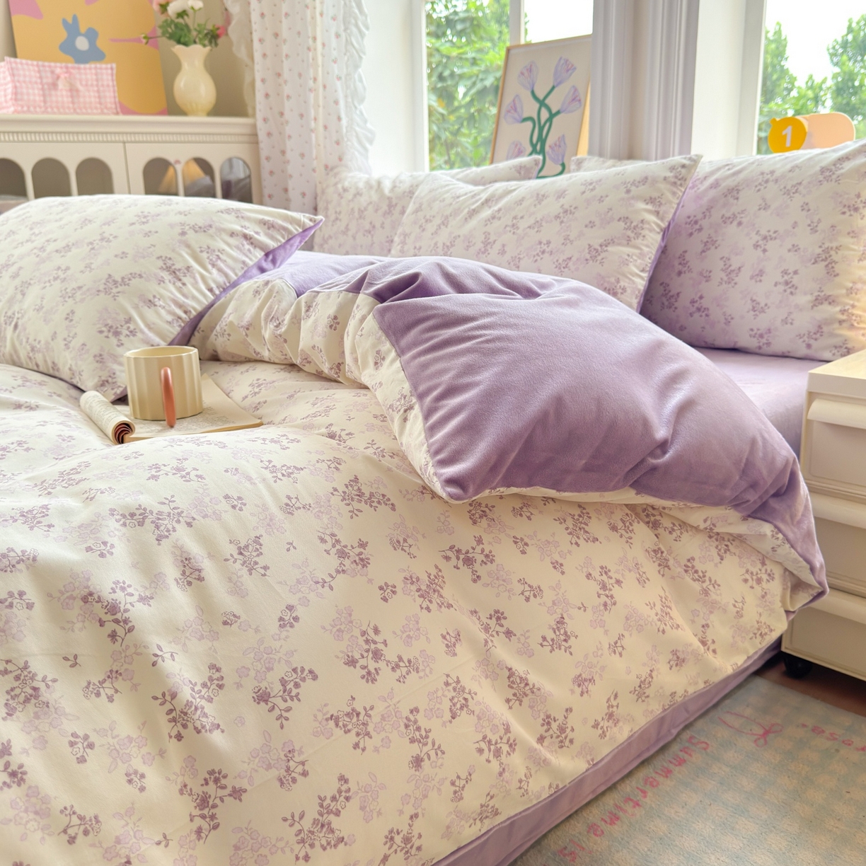 91家纺网 家纺一手货源 找家纺 清雅福 2025秋冬新品全棉印花棉加绒四件套系列 棉绒-春风里·紫