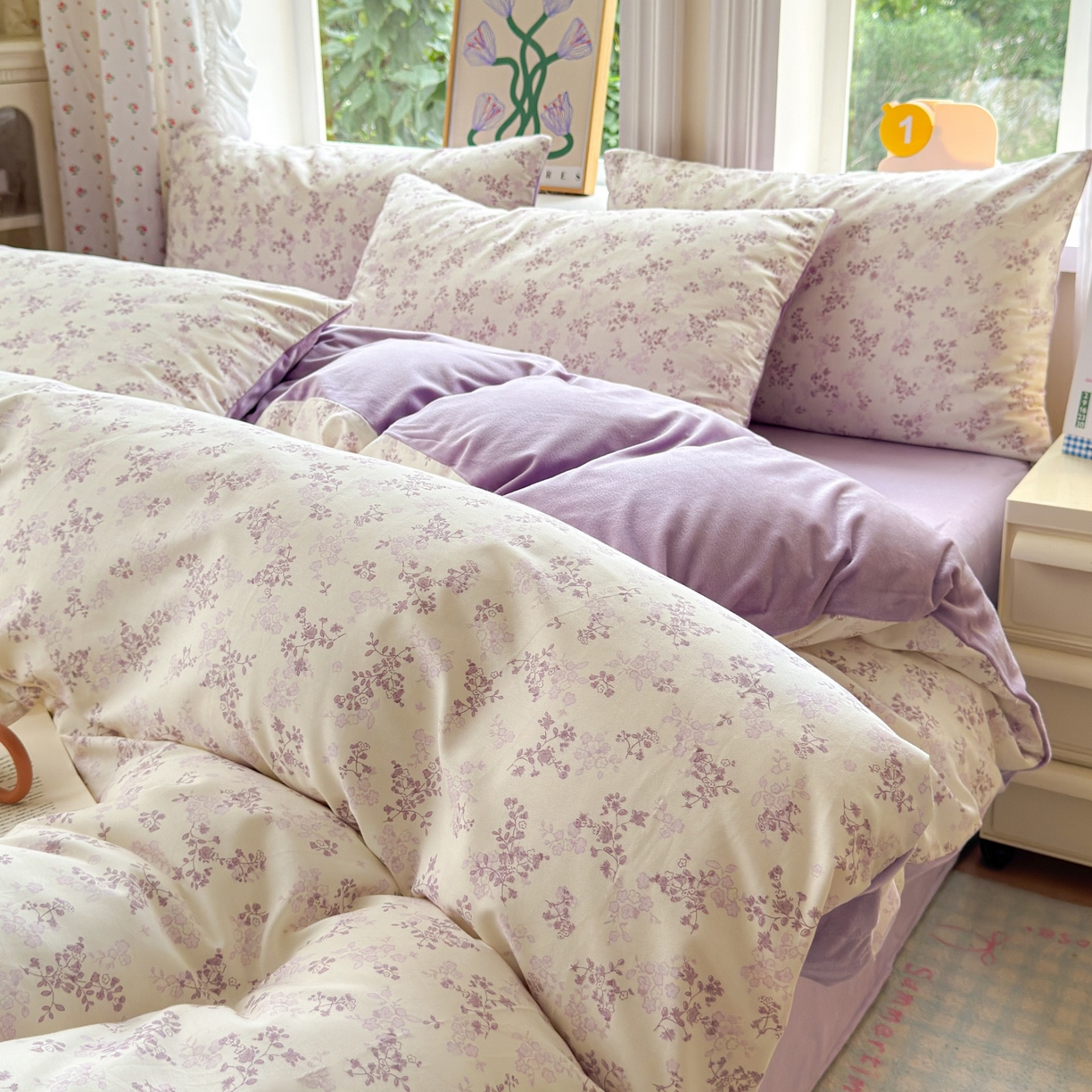 清雅福 2025秋冬新品全棉印花棉加绒四件套系列 棉绒-春风里·紫