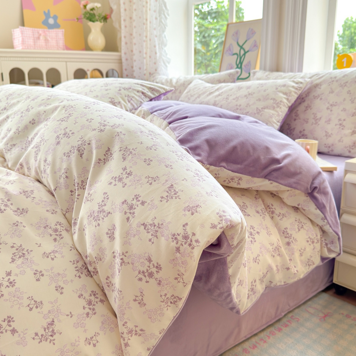 91家纺网 家纺一手货源 找家纺 清雅福 2025秋冬新品全棉印花棉加绒四件套系列 棉绒-春风里·紫