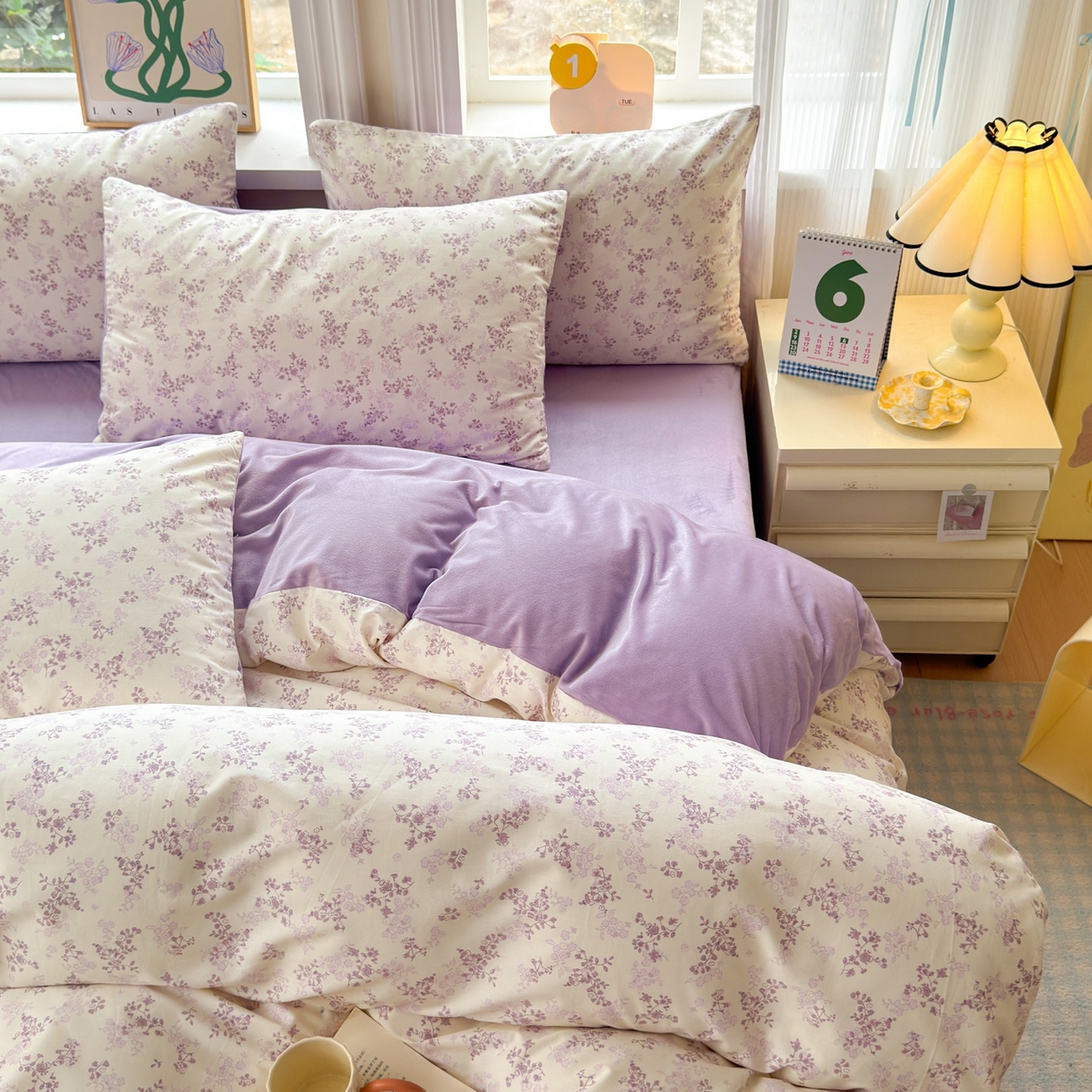 91家纺网 家纺一手货源 找家纺 清雅福 2025秋冬新品全棉印花棉加绒四件套系列 棉绒-春风里·紫