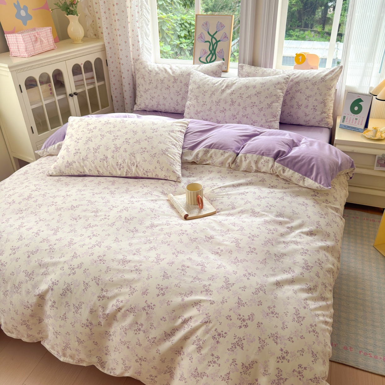 91家纺网 家纺一手货源 找家纺 清雅福 2025秋冬新品全棉印花棉加绒四件套系列 棉绒-春风里·紫