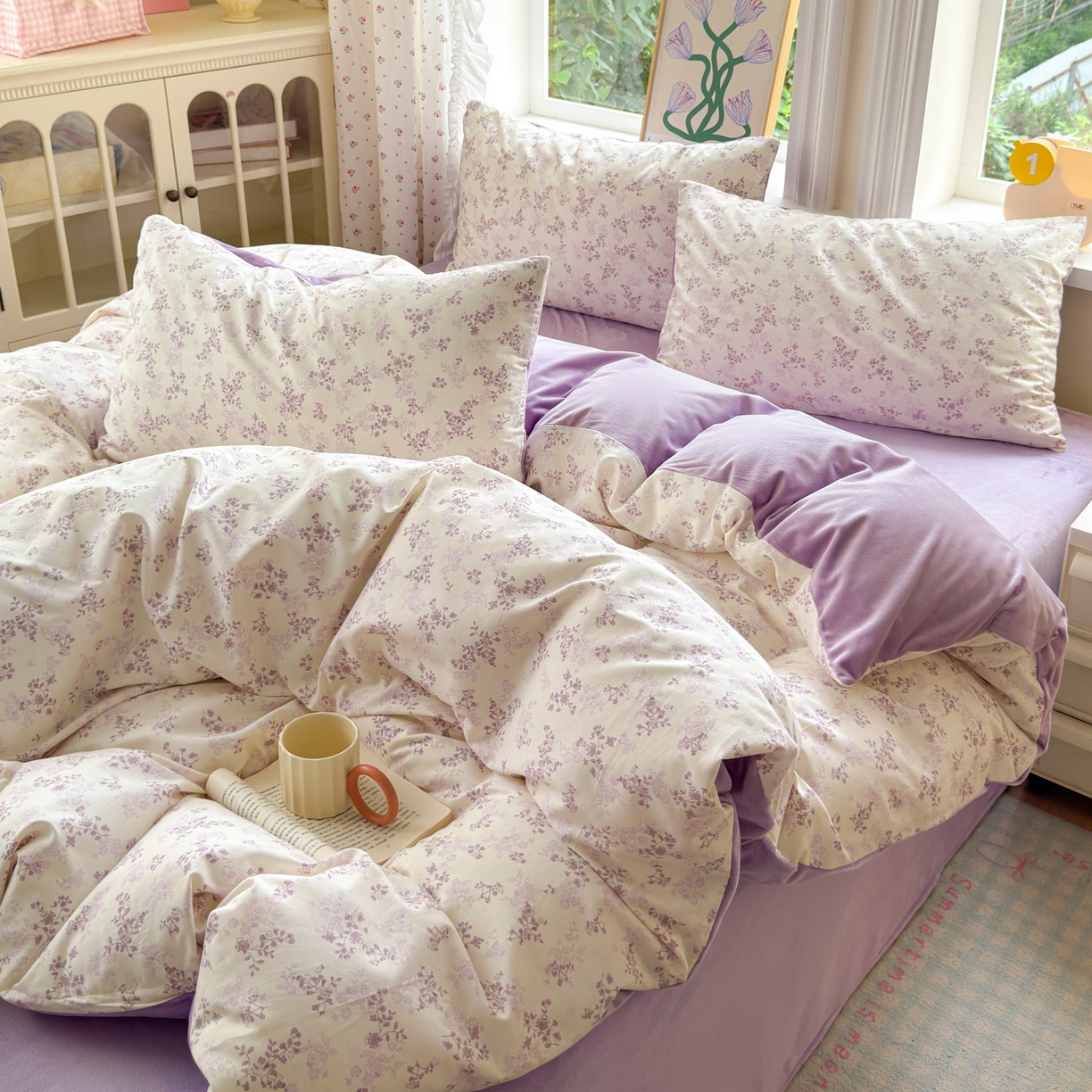 91家纺网 家纺一手货源 找家纺 清雅福 2025秋冬新品全棉印花棉加绒四件套系列 棉绒-春风里·紫