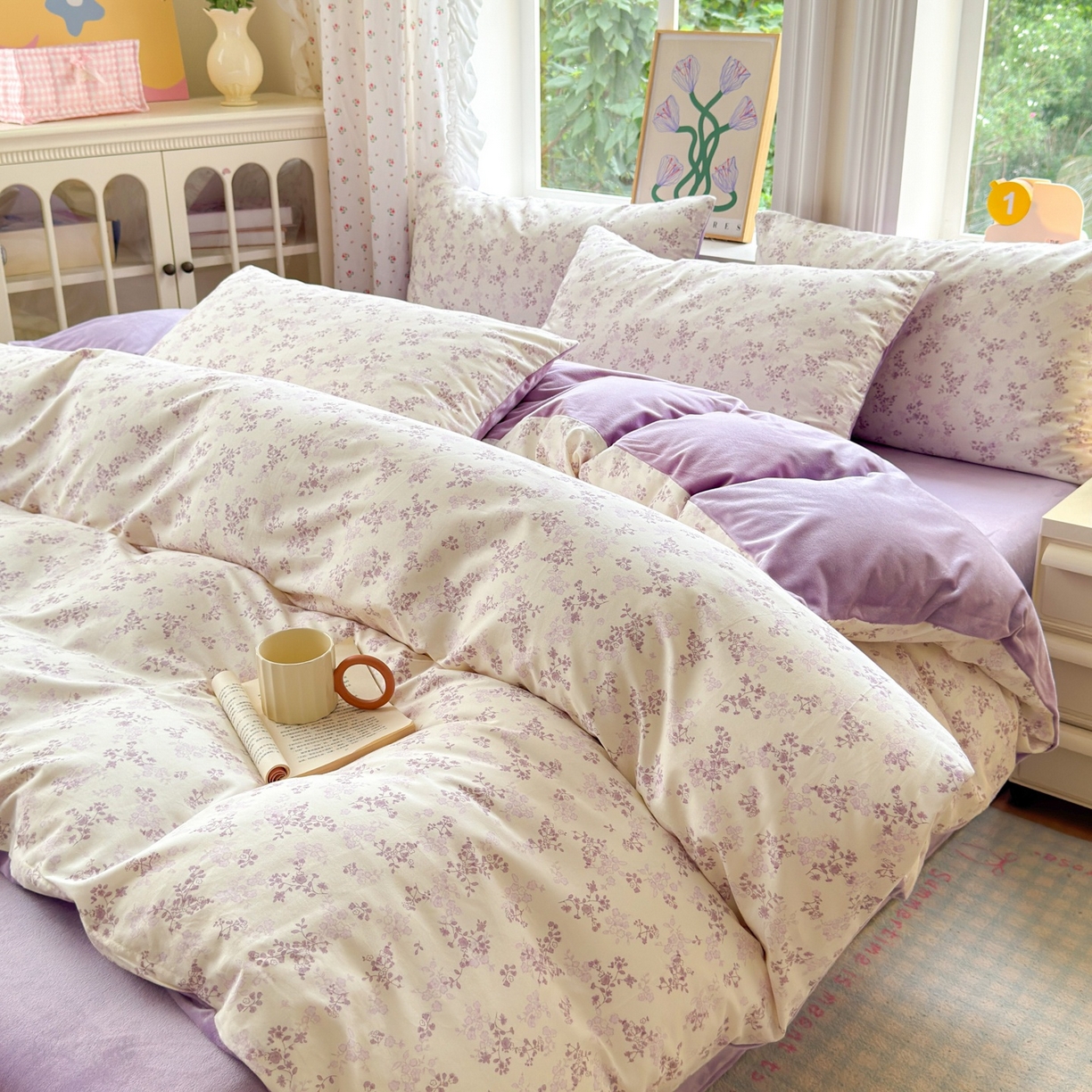 91家纺网 家纺一手货源 找家纺 清雅福 2025秋冬新品全棉印花棉加绒四件套系列 棉绒-春风里·紫