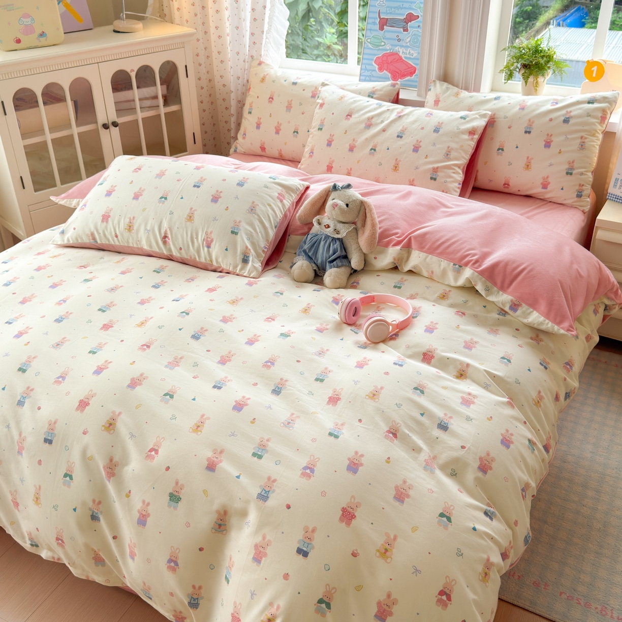 91家纺网 家纺一手货源 找家纺 清雅福 2025秋冬新品全棉印花棉加绒四件套系列 棉绒-果冻兔