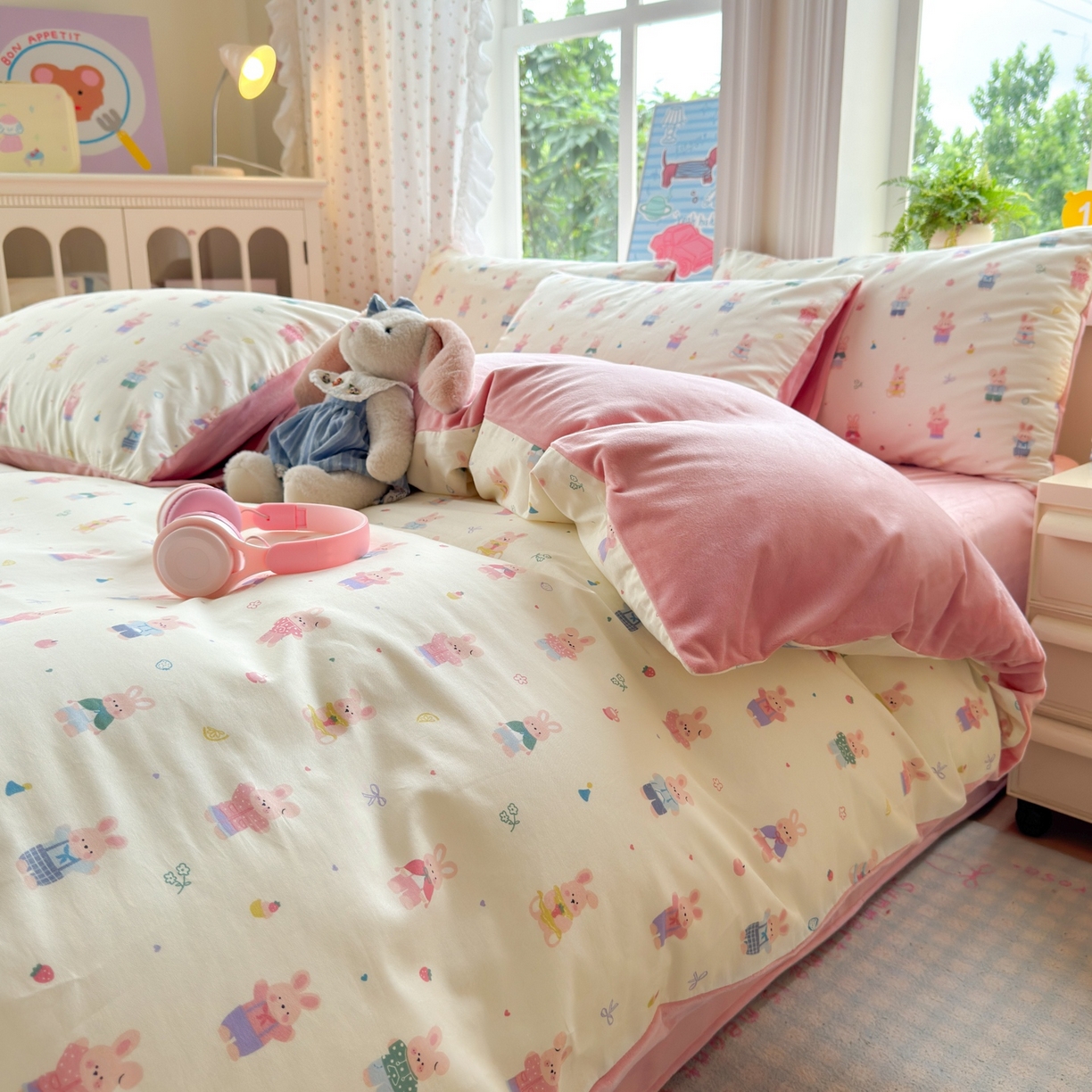 91家纺网 家纺一手货源 找家纺 清雅福 2025秋冬新品全棉印花棉加绒四件套系列 棉绒-果冻兔