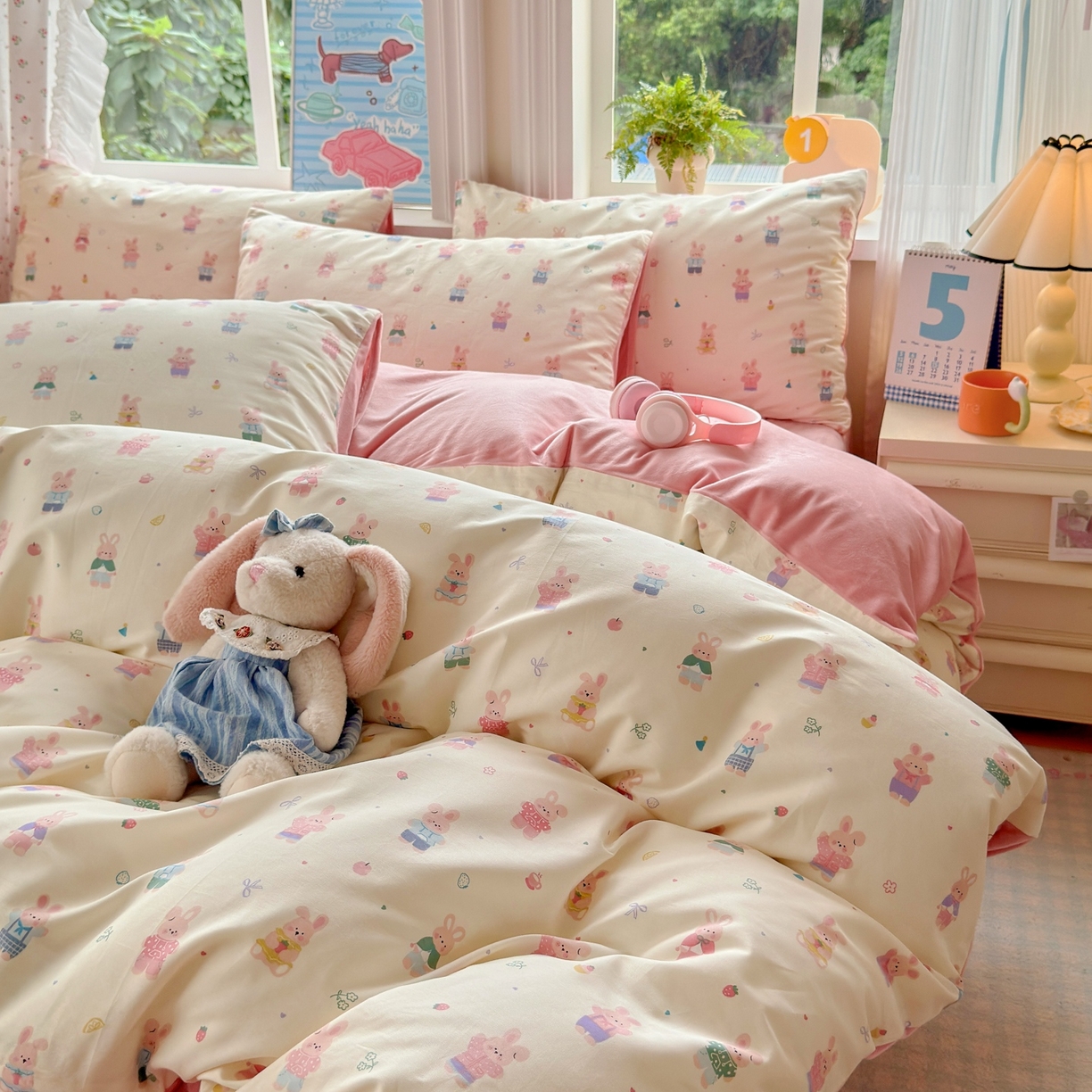 91家纺网 家纺一手货源 找家纺 清雅福 2025秋冬新品全棉印花棉加绒四件套系列 棉绒-果冻兔