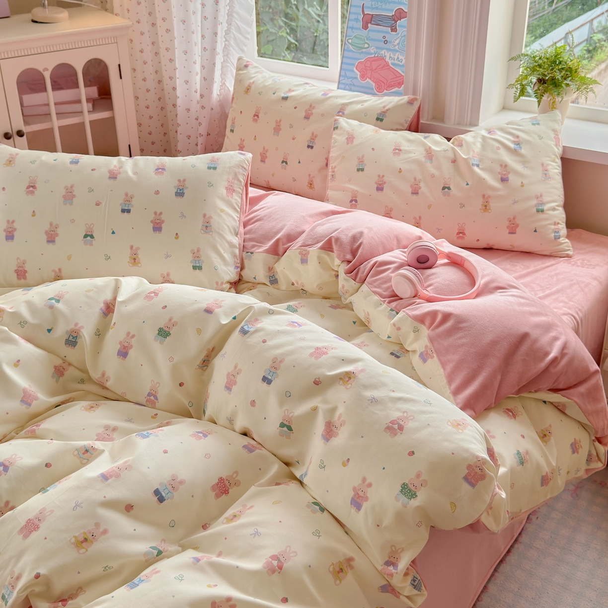 91家纺网 家纺一手货源 找家纺 清雅福 2025秋冬新品全棉印花棉加绒四件套系列 棉绒-果冻兔