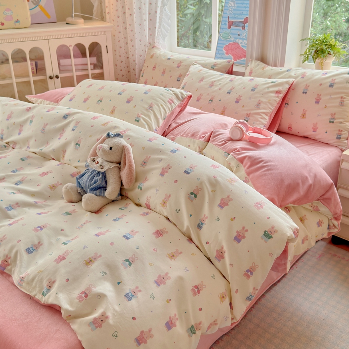 91家纺网 家纺一手货源 找家纺 清雅福 2025秋冬新品全棉印花棉加绒四件套系列 棉绒-果冻兔