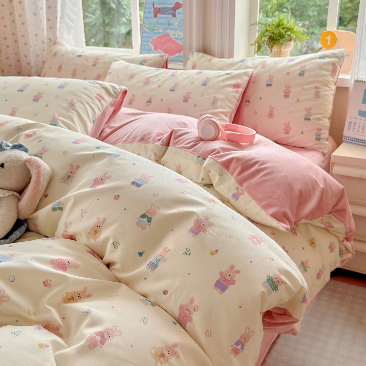 91家纺网 家纺一手货源 找家纺 清雅福 2025秋冬新品全棉印花棉加绒四件套系列 棉绒-果冻兔