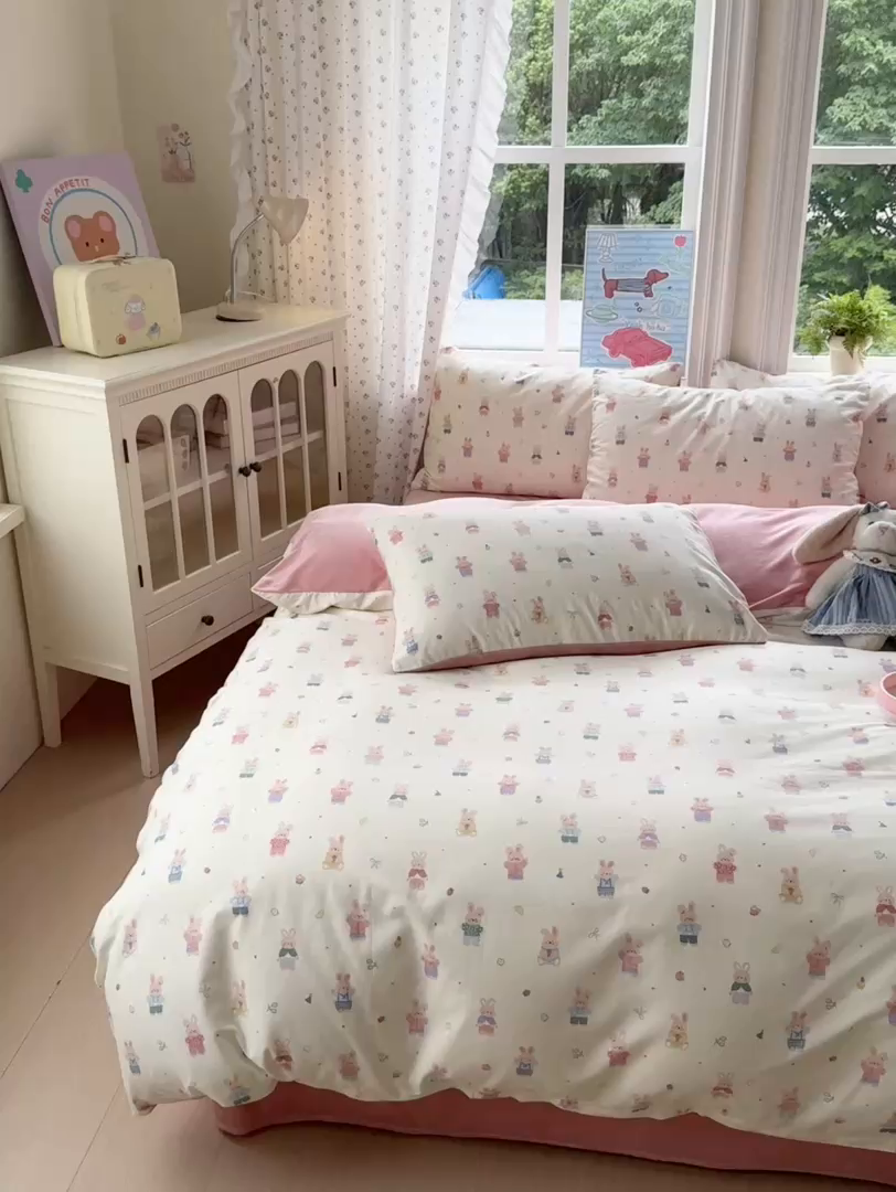 91家纺网 家纺一手货源 找家纺 清雅福 2025秋冬新品全棉印花棉加绒四件套系列 棉绒-果冻兔