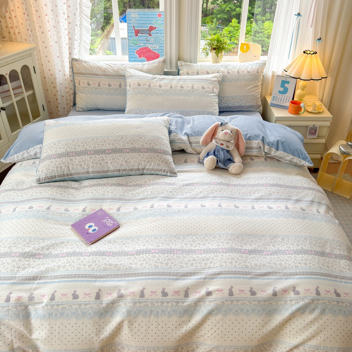 91家纺网 家纺一手货源 找家纺 清雅福 2025秋冬新品全棉印花棉加绒四件套系列 棉绒-花边兔