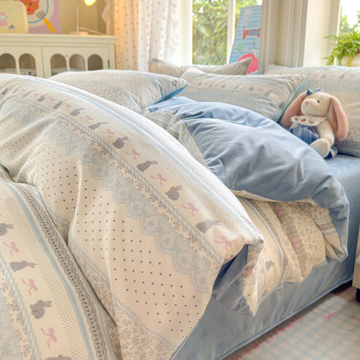 91家纺网 家纺一手货源 找家纺 清雅福 2025秋冬新品全棉印花棉加绒四件套系列 棉绒-花边兔