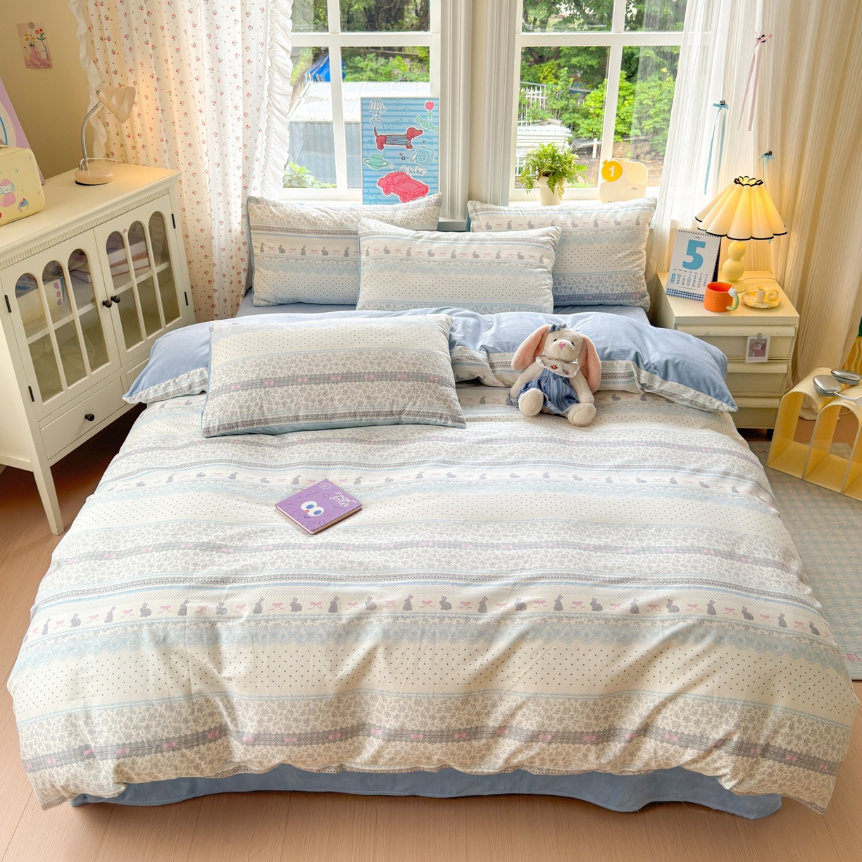 91家纺网 家纺一手货源 找家纺 清雅福 2025秋冬新品全棉印花棉加绒四件套系列 棉绒-花边兔