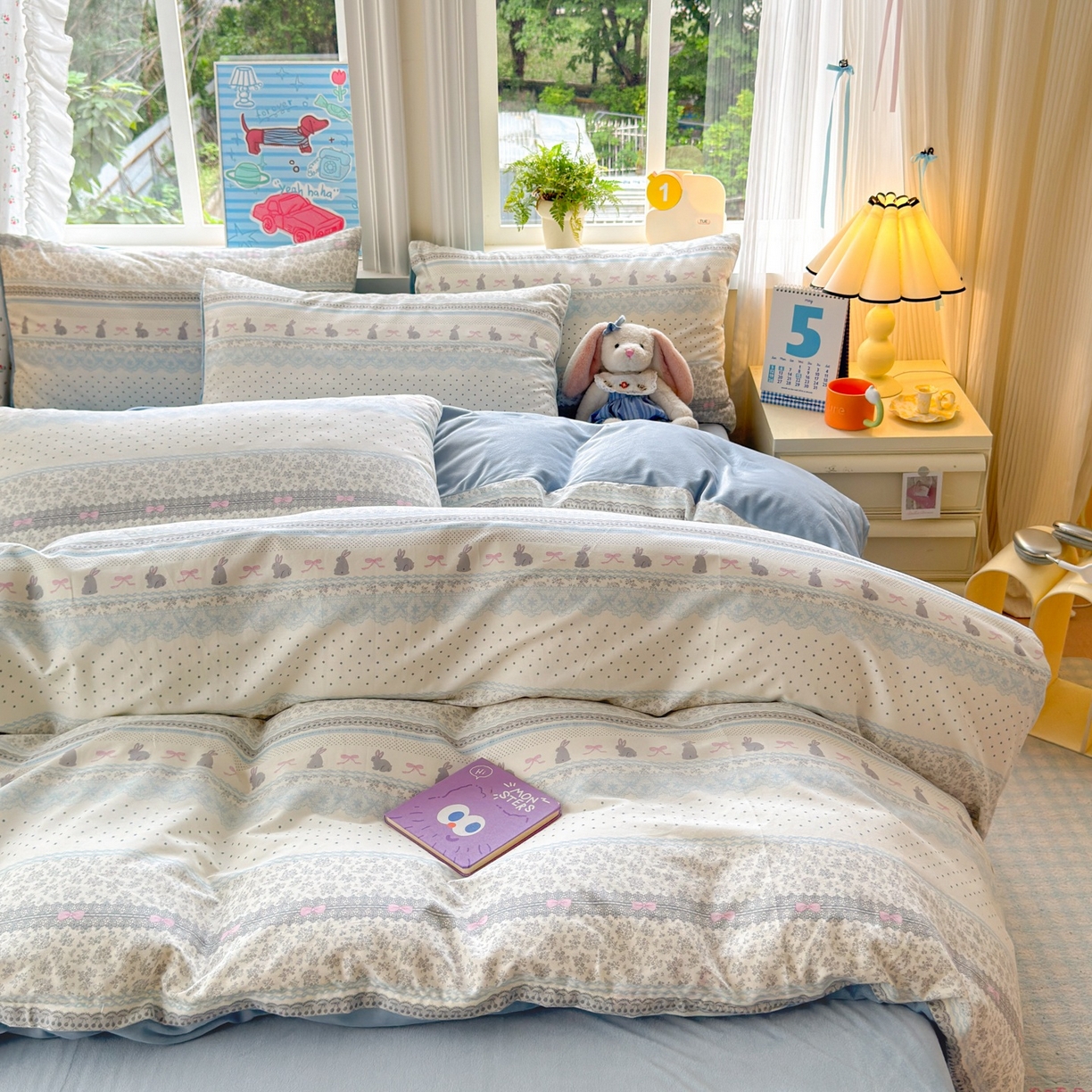 91家纺网 家纺一手货源 找家纺 清雅福 2025秋冬新品全棉印花棉加绒四件套系列 棉绒-花边兔