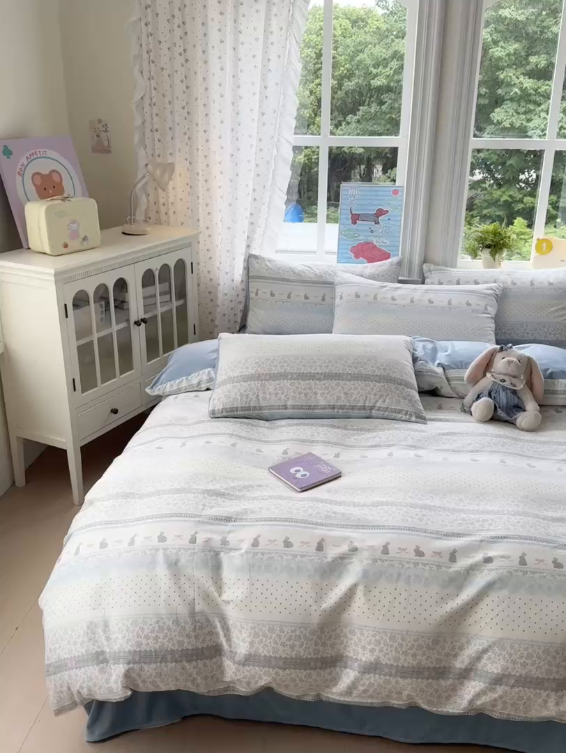 91家纺网 家纺一手货源 找家纺 清雅福 2025秋冬新品全棉印花棉加绒四件套系列 棉绒-花边兔