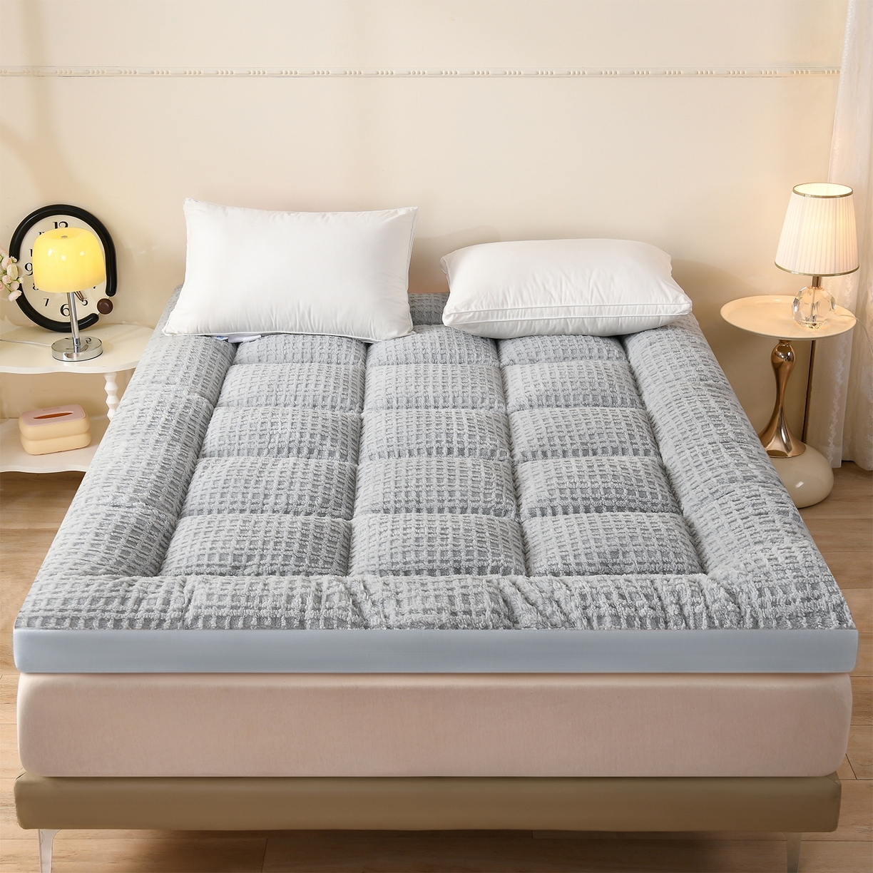 91家纺网 家纺一手货源 找家纺 预言家纺 2024新款A类舒棉绒牛奶绒羽丝绒床垫褥子多功能软垫 椰子灰