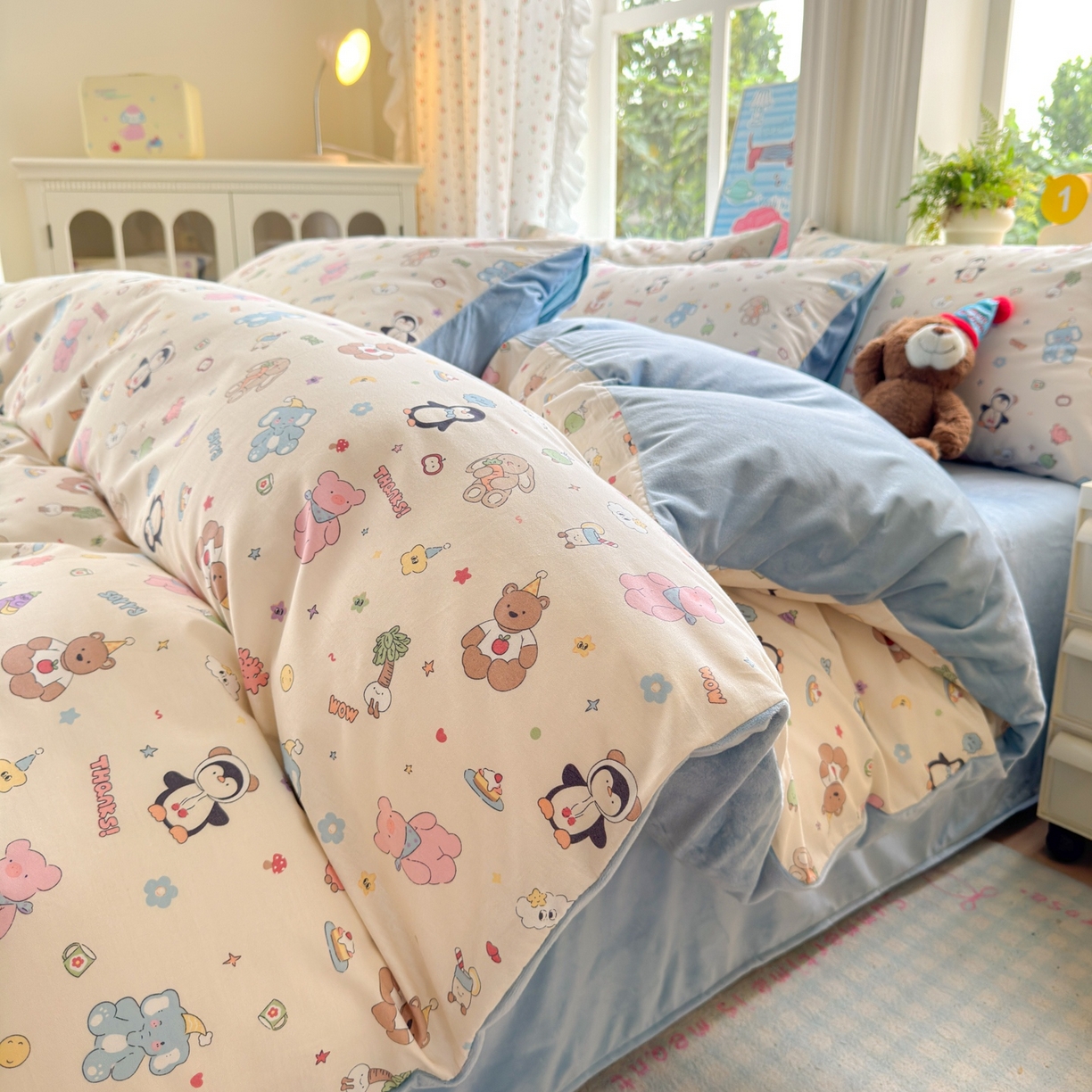 清雅福 2025秋冬新品全棉印花棉加绒四件套系列 棉绒-企鹅熊