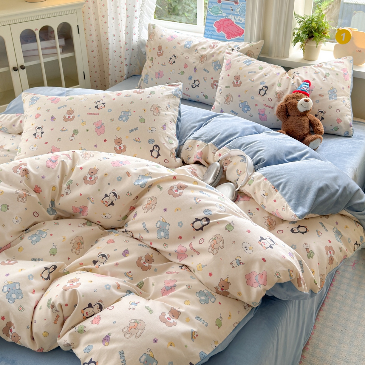 91家纺网 家纺一手货源 找家纺 清雅福 2025秋冬新品全棉印花棉加绒四件套系列 棉绒-企鹅熊