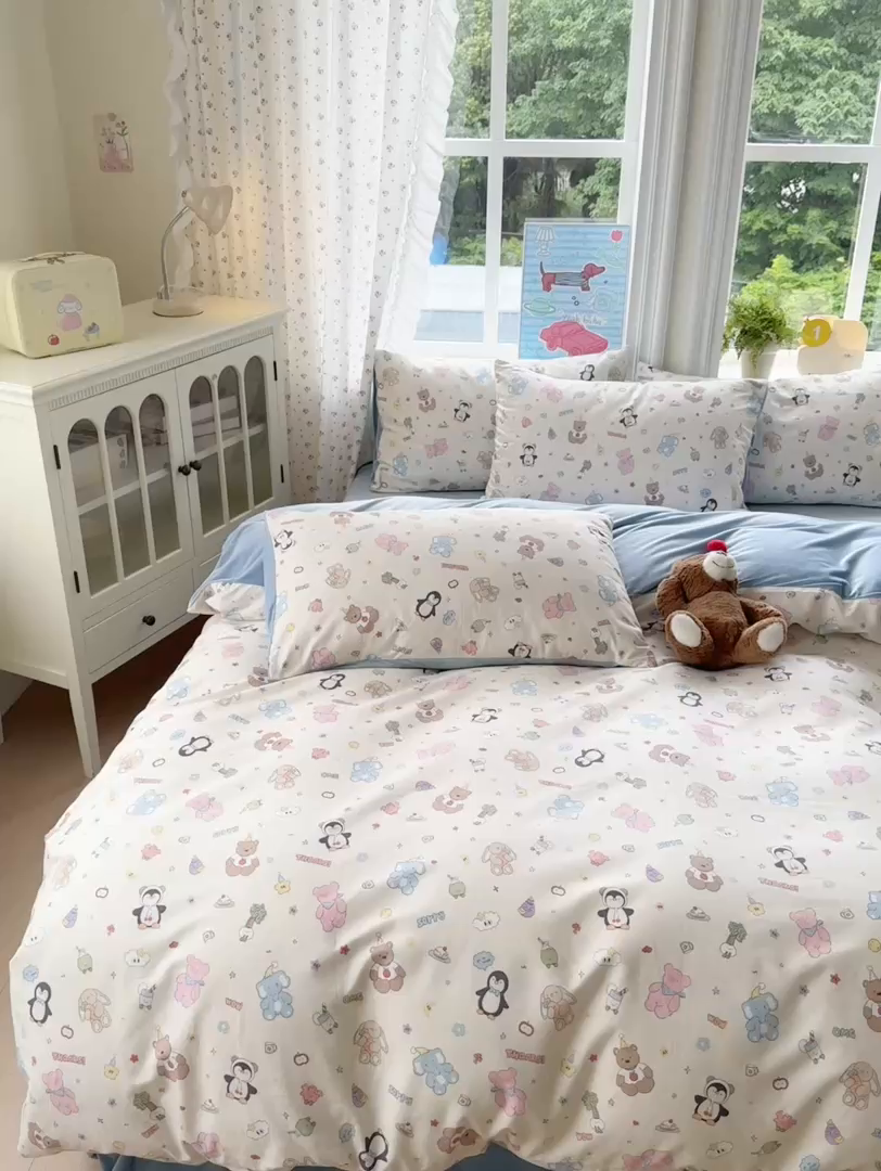 91家纺网 家纺一手货源 找家纺 清雅福 2025秋冬新品全棉印花棉加绒四件套系列 棉绒-企鹅熊