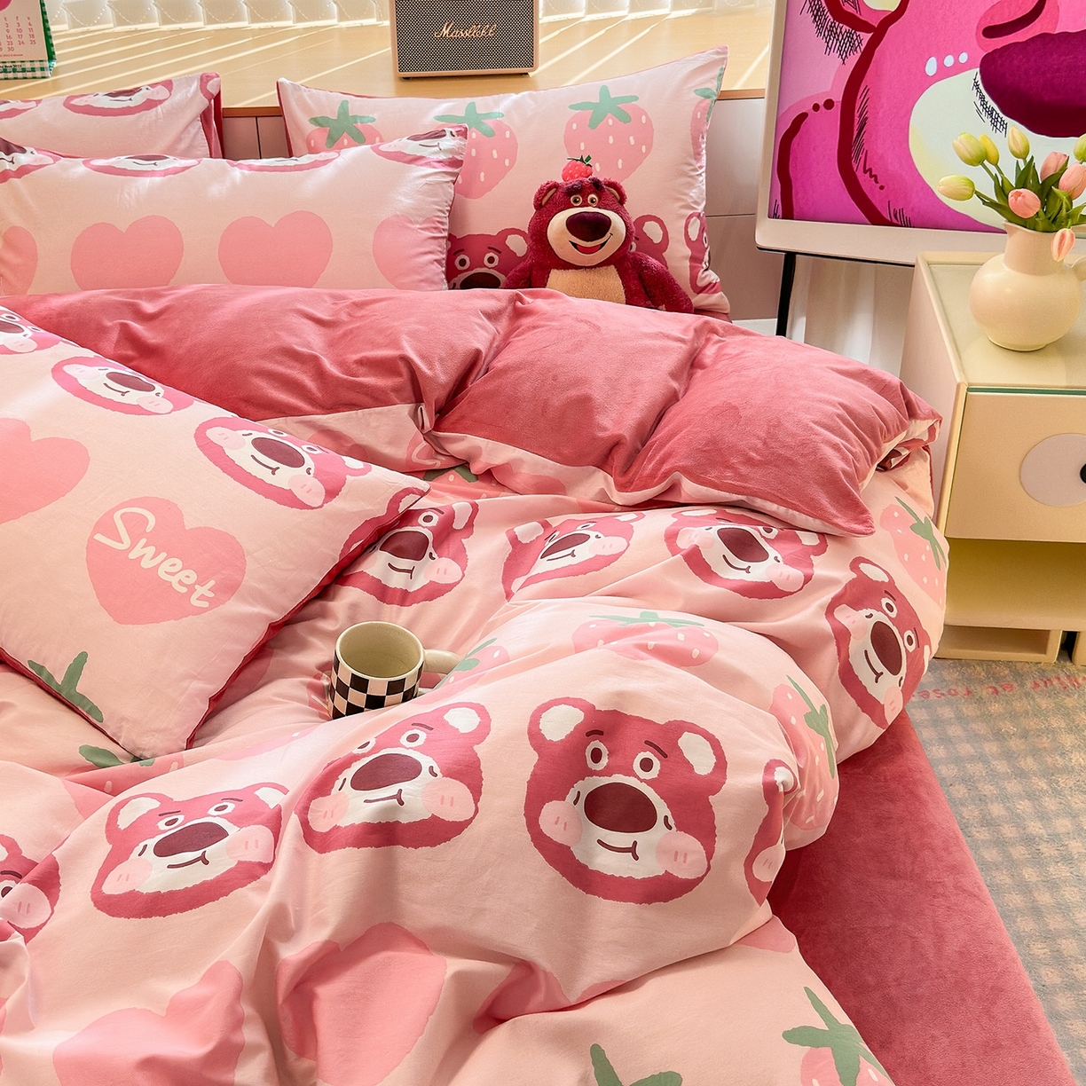 91家纺网 家纺一手货源 找家纺 清雅福 2025秋冬新品全棉印花棉加绒四件套系列 棉绒-甜心熊