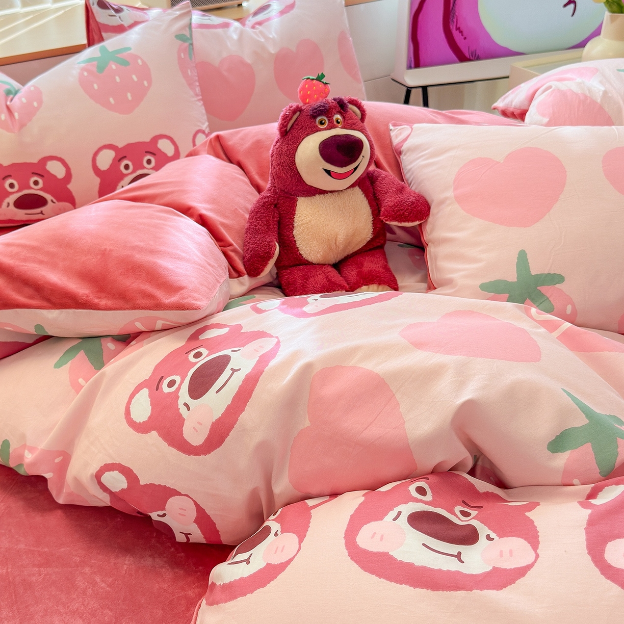 91家纺网 家纺一手货源 找家纺 清雅福 2025秋冬新品全棉印花棉加绒四件套系列 棉绒-甜心熊