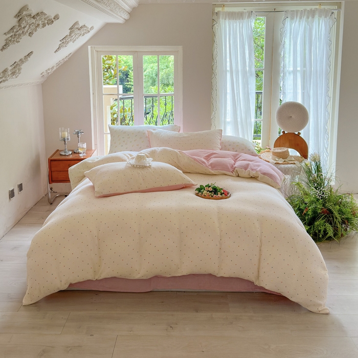 91家纺网 家纺一手货源 找家纺 木楌家居 2025春夏新品全棉A类皱皱纱印花四件套 奶油波点