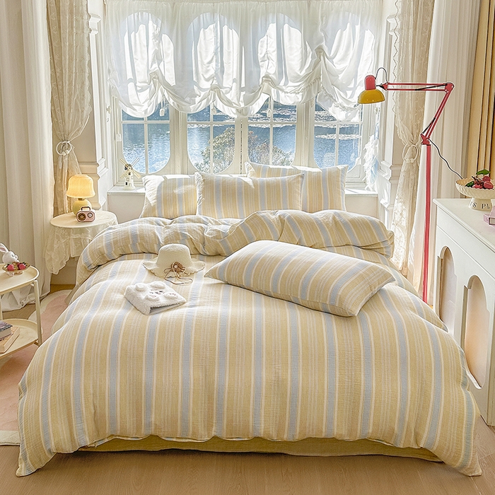 91家纺网 家纺一手货源 找家纺 木楌家居 2025春夏新品全棉A类皱皱纱印花四件套 时序 黄