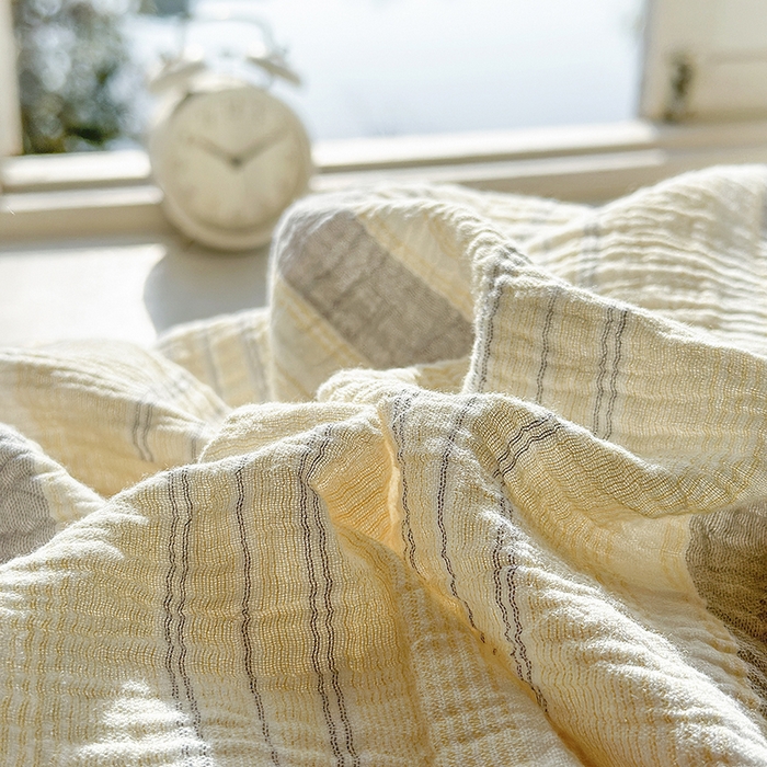 91家纺网 家纺一手货源 找家纺 木楌家居 2025春夏新品全棉A类皱皱纱印花四件套 时序 桔蓝