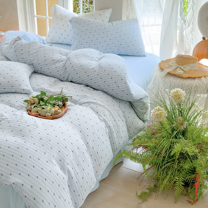 91家纺网 家纺一手货源 找家纺 木楌家居 2025春夏新品全棉A类皱皱纱印花四件套 可心 兰