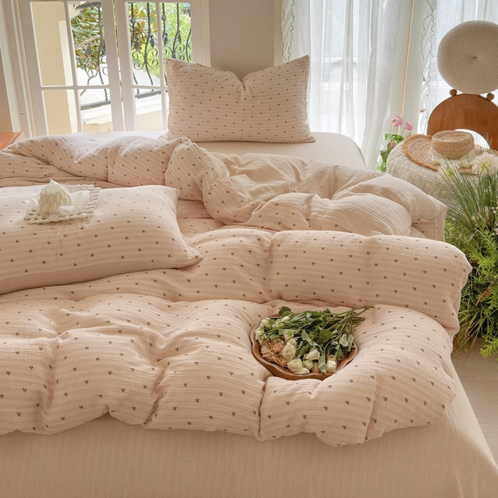 91家纺网 家纺一手货源 找家纺 木楌家居 2025春夏新品全棉A类皱皱纱印花四件套 可心咖