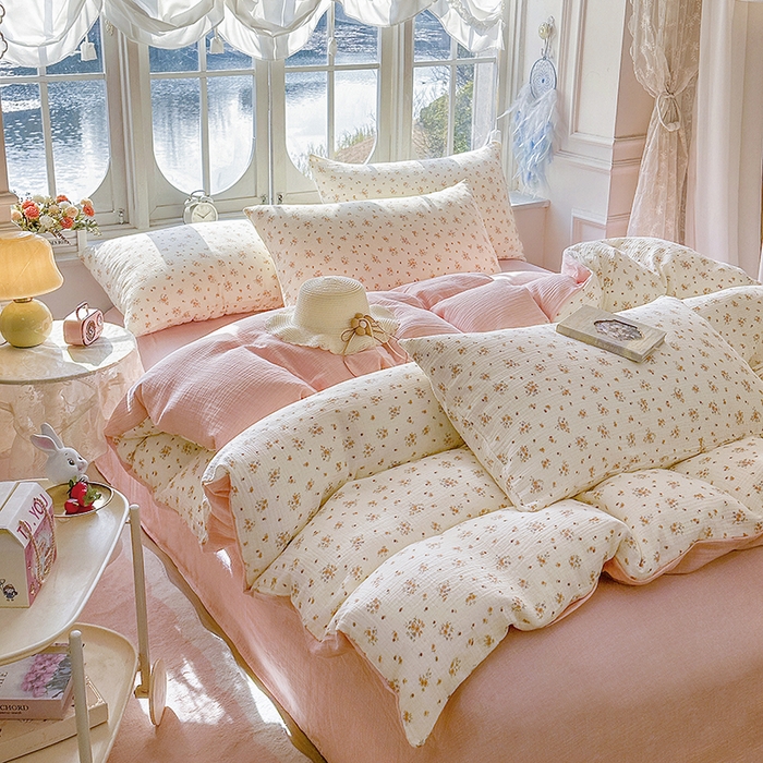 91家纺网 家纺一手货源 找家纺 木楌家居 2025春夏新品全棉A类皱皱纱印花四件套 潇湘