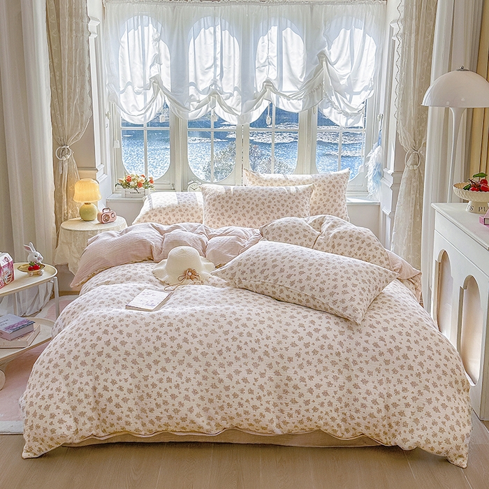 91家纺网 家纺一手货源 找家纺 木楌家居 2025春夏新品全棉A类皱皱纱印花四件套 西棠