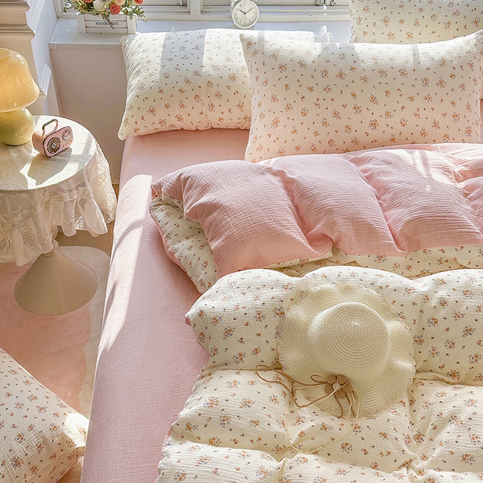 91家纺网 家纺一手货源 找家纺 木楌家居 2025春夏新品全棉A类皱皱纱印花四件套 潇湘