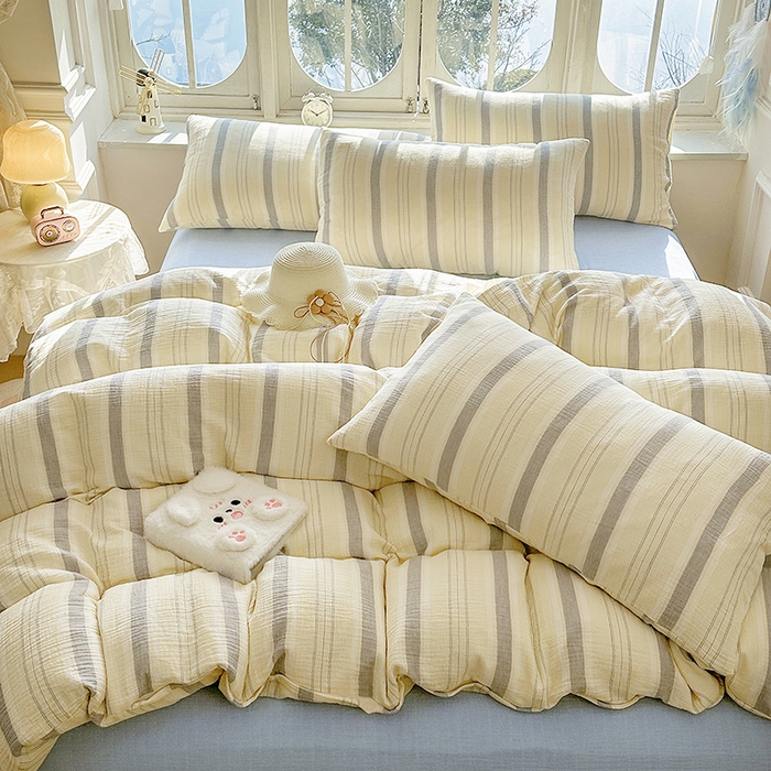 91家纺网 家纺一手货源 找家纺 木楌家居 2025春夏新品全棉A类皱皱纱印花四件套 时序 桔蓝