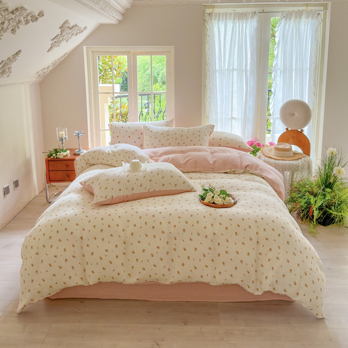 91家纺网 家纺一手货源 找家纺 木楌家居 2025春夏新品全棉A类皱皱纱印花四件套 春泥