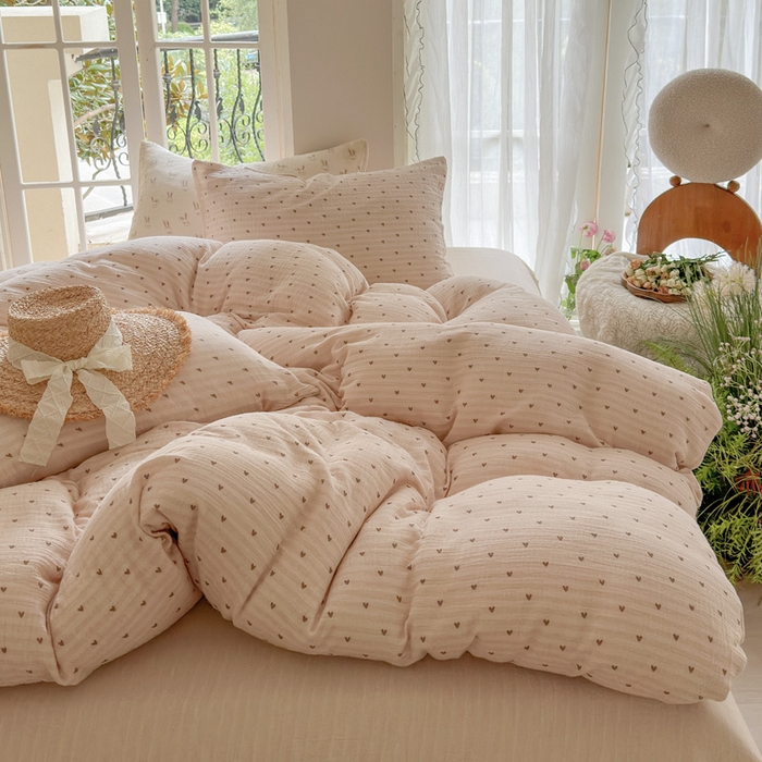 91家纺网 家纺一手货源 找家纺 木楌家居 2025春夏新品全棉A类皱皱纱印花四件套 可心咖