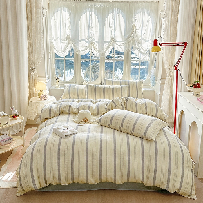 木楌家居 2025春夏新品全棉A类皱皱纱印花四件套 时序 桔蓝